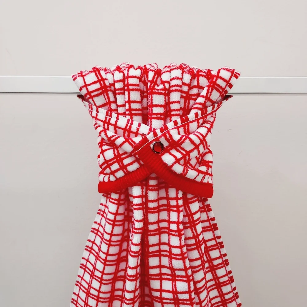 NEW! #9097-C❗️ LAST 1 ❗️■Red checkered Hang'N'Snap Hand Towel 🤍RED JEWEL SNAP